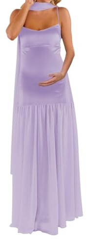 AHERKLL Spagettiremmar rock moderskapsklänning för fotografering med halsduk satin underkläder baby shower graviditetsklänning HAH066, Lila, 52 stor