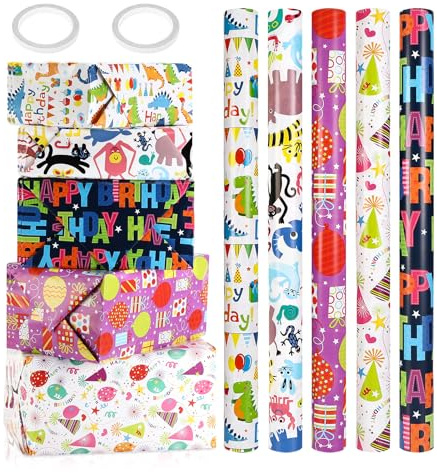 Rlssaki 5 Pezzi Carta Regalo Rotolo per Bambini, Carta per Regali Compleanno, Carta Kraft Regalo con Graziosi Motivi, Colorata Carte Regalo, per Natale, Compleanni, Matrimoni, Feste (43cm x 3m)
