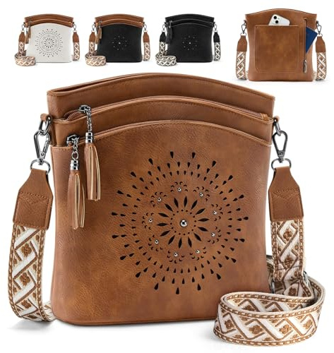 RAINSMORE Women's Medium Leather Crossbody Bag - Lightweight Purse for Weekend Shopping, Everyday Outings, Travel, Designer Trendy Shoulder Handbags with Adjustable Guitar Strap, Multiple Pockets
