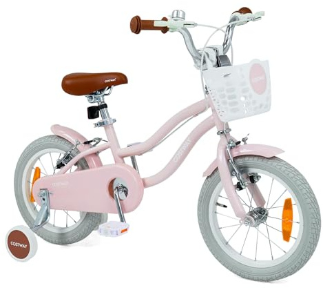 COSTWAY Barncykel med korg & ringsignal, 14-tums flickcykel med höjdjusterbar säte & styrning, cykel med dubbelbromsar, avtagbara stödhjul för 3-5 års flickor (Rosa, 14 tum)