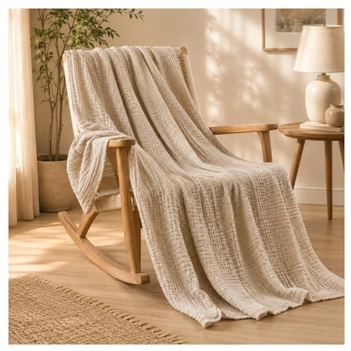 DzaiCrkwd Sommer Musselin Decke, 100% Cotton Sanfte Musselindecke Bio Baumwolle, Gentle Muslin Blanket for Couch, Sofa & Bed - Suitable All Year Round (Hellbeige, 150 * 200)