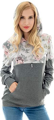 Bearsland Women's Maternity Breastfeeding Sweater Hoodie Nursing Sweatshirt with Pockets,grayflower,XL