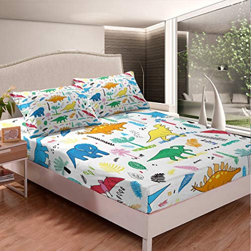 Loussiesd Set di biancheria da letto con dinosauro di cartone animato e disegni di dinosauro ragazzi 3D stampa dinosauro set lenzuola lenzuola con angoli animali bambini 2 pezzi singolo