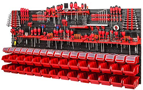 Werkzeugwand Lagersystem - 1728 x 780 mm - Lochwand SET mit Werkzeughaltern und Rot Stapelboxen mit Deckel - Wandregal Werkstattregal Schüttenregal Sichtlagerkästen