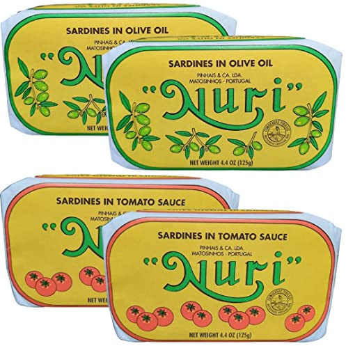 NURI Paquete variado de sardinas portuguesas | Paquete de 4 | Dos de cada uno | Aceite de oliva | Tomate y aceite de oliva