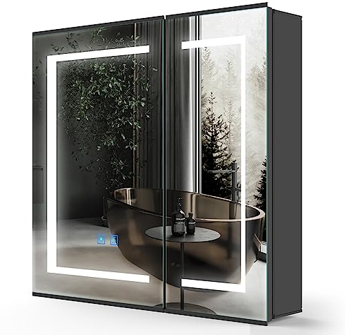 LUMIRRORS® Spiegelschrank Bad mit Beleuchtung und Steckdose LED Badezimmer Spiegelschrank mit Licht Schwarz Doppeltür Badschrank mit Spiegel und Ablage Anti-Beschlagfunktion 60 x 65cm