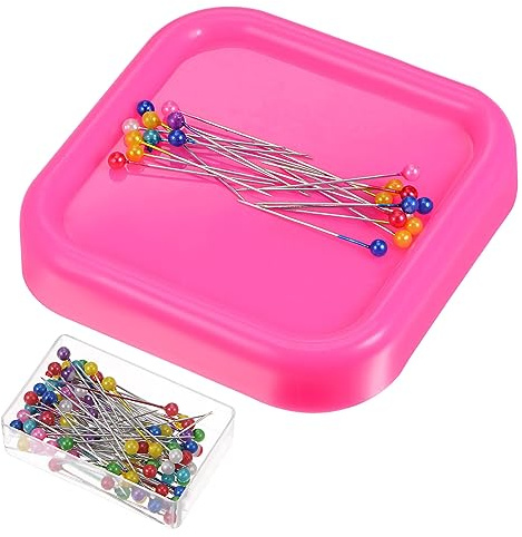 sourcing map Magnetic Pin Cushion Square Shape with 100pcs Multicolor Plastic Head Pins, Magnetic Pins Holder for Sewing Quilting Needles Pins Hair Bobby Pins, Pink