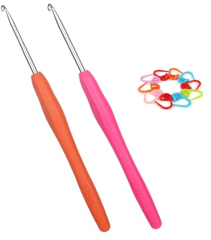 Coopay 2 Stück 3,0 mm und 3,5 mm Häkelnadeln aus Metall mit Maschenmarkierer, ergonomischer Häkelnadel mit weichem Griff für Arthritische Hände, TPR Griff mehrfarbig, Häkelnadel 3 3,5 mm für