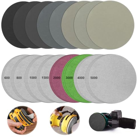 24 Piezas Papel de Lija 125mm Disco de Lija Redondos 600/800/1000/1500/2000/3000/4000/5000 Papel de Lija Seco y Húmedo, Discos de Lijado de Pulir para Madera Metálica Auto, Discos Abrasivos para Lijar