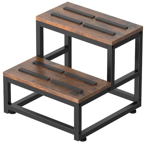 LIANTRAL 2 Niveles Taburete para Adultos y niños, Acero Resistente y Taburete de Madera Estable para Cama, Cocina, baño, Capacidad de Carga de hasta 200 kg, Retro marrón y Negro