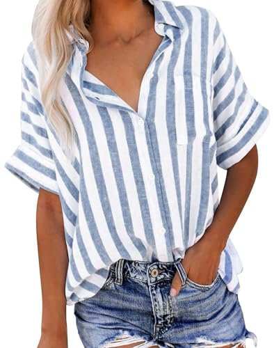 My Order Womens Linen Shirts UK Short Sleeve Button Down Lapel Neck Tops Summer Casual Striped Print Blouses 2024 Fashion Loose Fit Tee Shirts Ladies Elegant Tops