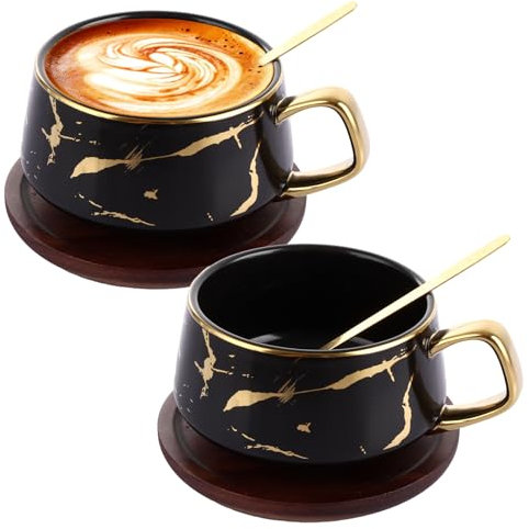 LDXDRU 2 Pack 380ml Tea Cup and Saucer Set, Porcelain Cappuccino Cups with Saucers & Spoons, Black Ceramic Coffee Mug for Home Festival Birthday Gift