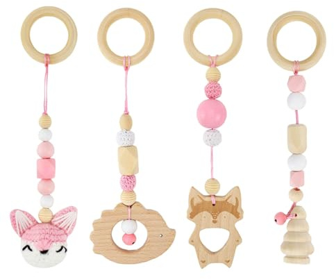 Whcctl 4 stycken lekbåge bebisar trä, lektrapets baby, baby gym trä, hängande lekbåge, för flickor pojkar babyleksaker, från 0 månader lekbåge (rosa)