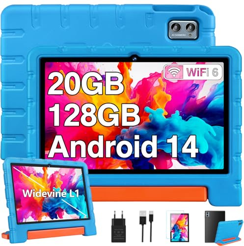 ZIOVO 2026 Neueste Kinder Tablet 10 Zoll Android 14 mit 20GB RAM+128GB ROM(TF 1TB), 5G WiFi 6, Octa-Core, Widevine L1, Kindersicherung, 6000mAh, BT 5.0, GMS Certified, Kids Tablet mit Eva Case - Blau