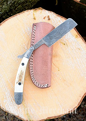 Hochwertiges Damast Rasiermesser mit Hirschhorngriff und Lederetui Rassierer Messer