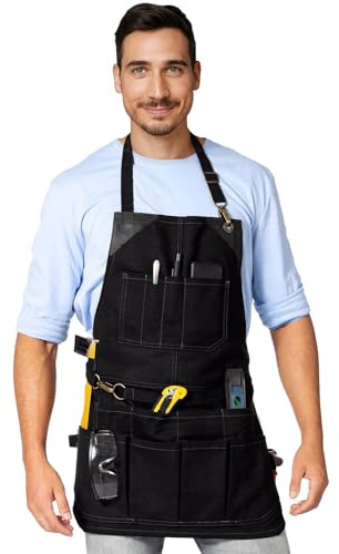 Under NY Sky Tool Black Apron – Heavy-Duty Waxed Canvas, Leather Reinforcement, Extra Pockets – Adjustable for Men and Women – Pro Mechanic, Woodworker, Blacksmith, Plumber, Electrician, Welder Aprons