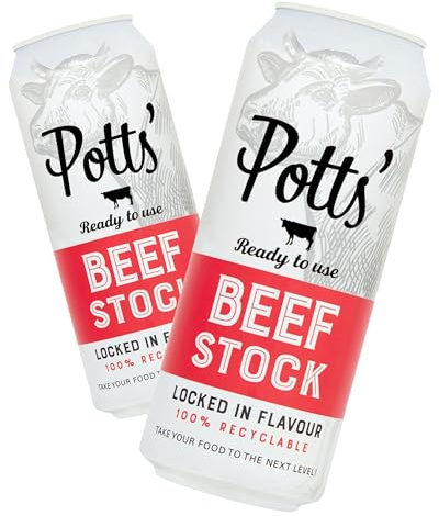 Potts’ Beef Stock in Can, 500ml, Pack of 2 - Canned Beef Broth for Soups, Sauces, & Stews - Flavour Enhancer Made with Beef Fat & Bones - Easy Open Can, Ready to Use Stock