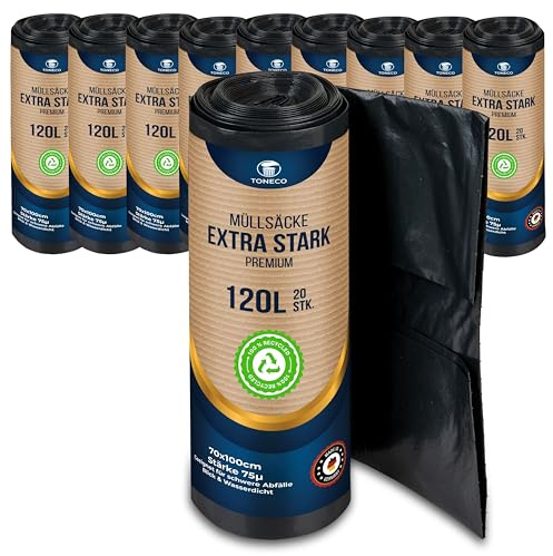 Profi Müllsäcke 120L EXTRA STARK 70μ - 200 Stück auf 10 Rollen -100% Recycelt - (20 bis 600 Säcke wählbar) - Rollengewicht 1,6 kg - XXL Mülltüten (200)