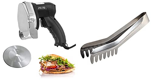 Saro 418-1020 ED 100 elektrisches Profi Schneidemesser für Döner und Gyros, Schwarz & Fackelmann Servierzange, Küchenzange aus Edelstahl, robuste Spaghettizange (Farbe: Silber), Menge: 1 Stück