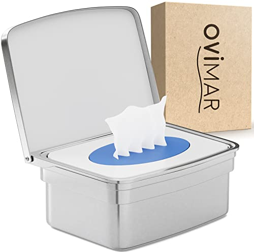 ovimar Feuchttücher Box mit Deckel Egense | in edlem Silber poliertem Edelstahl | ohne Bohren | Damit Kosmetiktücher Dank der Feuchttücher Aufbewahrungsbox Immer frisch bleiben