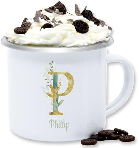 Emaille Tasse Blechtasse - Anfangsbuchstabe Name - Namens Geschenk - 300 ml - Weiß Silber - namensbecher buchstaben letter teetasse personalisierte initialen letters becher anpassbare buchstabe