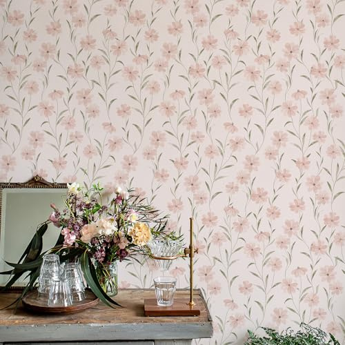 JiffDiff Floral Wallpaper Peel and Stick Pink Daisy Wall Paper Summer Flowers Nursey Room Self Adhesive Contact Paper Stick on Wall Decor for Bedroom Cabinets Bathroom(118 X 17.3, Pink Floral)