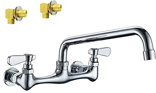 BWE Commercial Kitchen Faucets, Kitchen Sink Faucet, 8 Inch Center with 8 Swivel Spout 2 Handles Backsplash Mounted Sink Faucets Chrome Heavy Duty Brass, Laundry Faucet Restaurant Mixer Tap