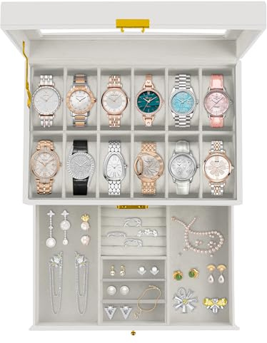 Ogrmar Aufbewahrungsboxen für Uhren, 12 Fächer, PU-Leder, abschließbar, für Damen und Herren, Schmuck, Schubladenbox, 2-stöckiger Organizer, Uhrenvitrine mit Glasdeckel (weiß)