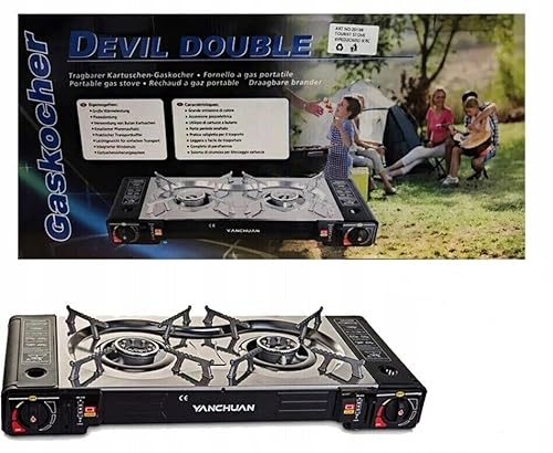 VIPER Portable Camping Gas Stove, Double Burner BBQ Cooker, Outdoor Grill Plate with Automatic Ignition, Enamel Pan Support, Dual Butane Cartridges - Ideal for Camping, Picnics & BBQs