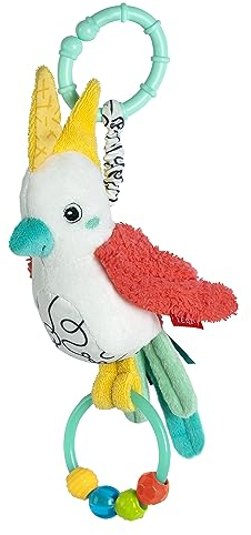 Fehn Twitscher Bird – Juguete de motricidad para bebé con anillo de perlas para cochecito, cuna y capazo – para sentir, agarrar y hacer sonidos – Juguetes para bebés y niños a partir de 3 meses