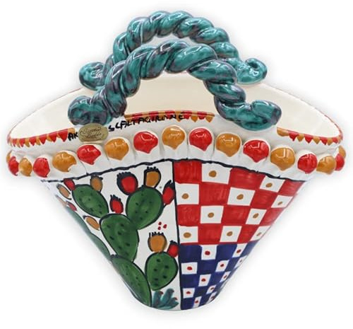 Coffa Ceramica Caltagirone, Decoro Ruota carretto Siciliano e Pala di ficodindia, L 26 cm x h 21 cm ca.