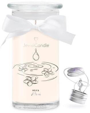 jewelcandle JuwelKerze Milk & Monoi Halskette Silber - große Schmuckkerze 80 Std - Duftkerze mit blumigem Duft - Kerze mit Schmuck - Geschenke für Frauen, Geburtstag
