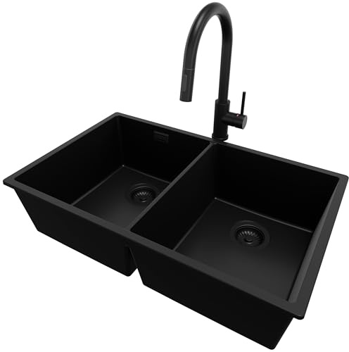 PRIMAGRAN Fregadero bajo Encimera al Mueble 80cm + Grifo, 76x47cm | Set: Grifo BW9010 + Kit de desagüe (sifón, válvula, rebosadero) + London Twin 2 Senos Granito, Todo Negro