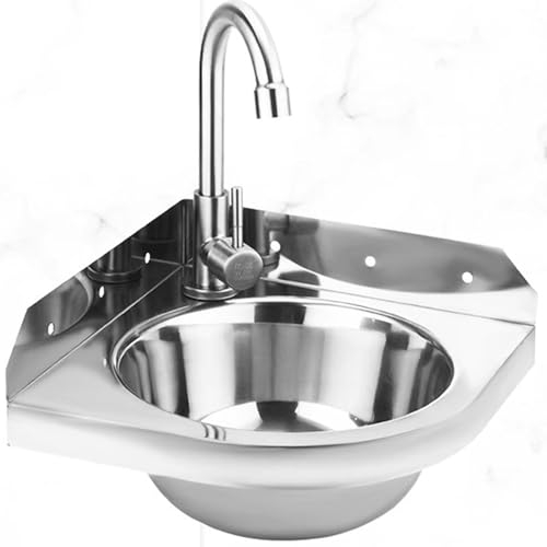 oiakus Kommerzielles Handwaschbecken, dreieckiges Edelstahlwaschbecken mit Warm- und Kaltwasserhahn, kleines Badezimmer-Waschbecken, Eckwaschbecken aus Edelstahl zur Wandmontage, 260 mm