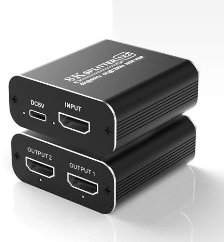 Splitter HDMI 2.1 8K@60Hz, HDMI Splitter 1 in 2 Out 4K@120Hz, HDMI Splitter per Dual Monitor HD Copy Identical Display, Support EDID, 48 Gbps, HDCP 2.3, VRR, ALLM, HDR, Dolby Vision