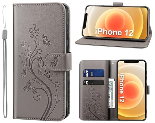 KRAFTCARE Lederhülle kompatibel mit iPhone 12 Hülle, Flip Wallet 12 Pro Handyhülle mit Kartenfach Ständer Premium PU Leder Klapphülle Schutzhülle für iPhone 12/12 ProGrau