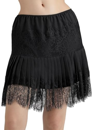 Caziffer Women's Fashion Mini Skirts Mid-Rise Pleated Lace Skirts Spring Summer Beach Boho Lady A Line Mini Skater Skirt Casual Short Skirts (Black, L)