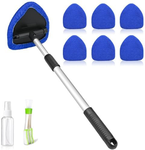ZHYOPING 9 Pcs Car Windscreen Cleaner, Extendable Window Cleaner, Multifunctional Car Interior Cleaning Kit with 6 Reusable Microfiber Pads, 1 Aluminum Handle, 1 Spray Bottle, 1 Air Conditioning Brush