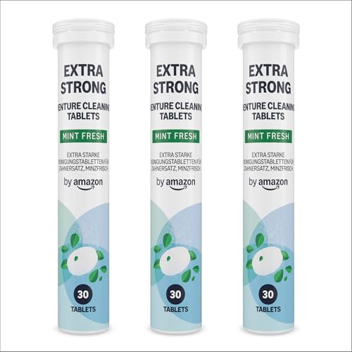 by Amazon Extra Strong Denture Cleaning Tablets - 3 Packs of 30 Tablets, Mint Fresh