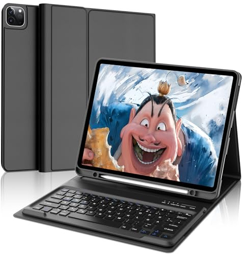 FOGARI Hülle mit Tastatur für iPad Pro 12.9 Zoll (6. / 5. / 4. / 3. Generation), Deutsches QWERTZ Layout, Magnetisch Abnehmbarer abellos Bluetooth Tastatur für iPad 12,9 2022/2021/2020/2018, Schwarz