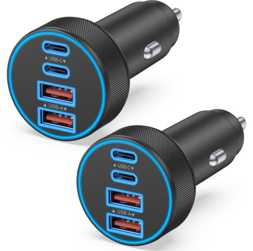 [2-Pack] Car Charger USB C, 4 in 1 90W Fast Charging 4-Port Dual 45W USBC & USB A Phone Car Charger Cargador Carro Lighter Adapter for iPhone 17 16 15 14 13 12 Pro Max, iPad, Galaxy, Tablet, Android