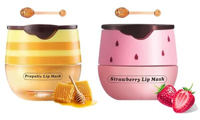 Honey+Strawberry Balm Lip Mask Set, Moisturizing Lip Care With Natural Oils for Day & Night, Repair Honey Bee Lips Balm Reduce Lip Lines & Wrinkle