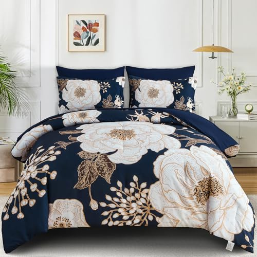 Luxudecor Floral Queen Comforter Set 7 Pieces Bed in a Bag, White Flower Print on Navy Blue Bedding Set, Soft Reversible Comforter with Sheet Set 90x90