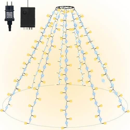 Gresonic 3M 10 Stränge Cluster Lichterkette mit Ring, 350LED Warmweiß and 310LED Kaltes Weiß alternating 8 modi Timer Fließendes Weihnachtsbaum Lichterkette Strombetrieb für Innen Außen