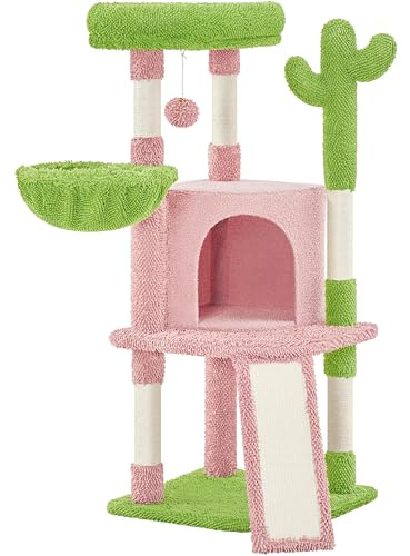 Abician Arbre à Chat, Design Cactus Tour pour Chatons avec Poteaux en Sisal Plateformes Niche Panier Perchoir Griffoirs Boule 106,5 cm Rose/Vert