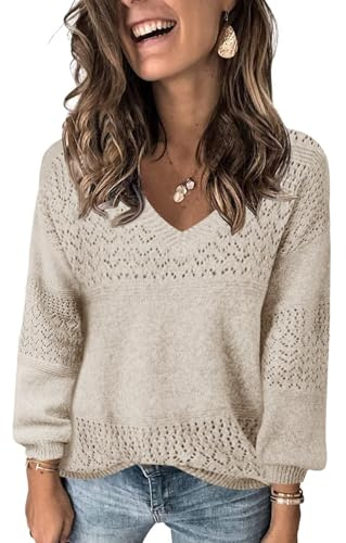 Fisoew Damen V-Ausschnitt Strickpullover Langarm Gerippte Pullover Leicht Häkelpullover Casual Sweater,Beige,L