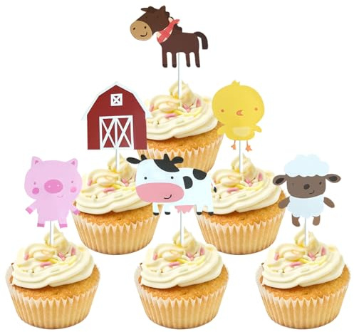 24 Stück Papp Cupcake Topper | Bauernhof Tier Design | Tierische Kuchen Dekoration für Geburtstag, Kinder- & Baby-Party | Bauernhof Themen Party Dekor