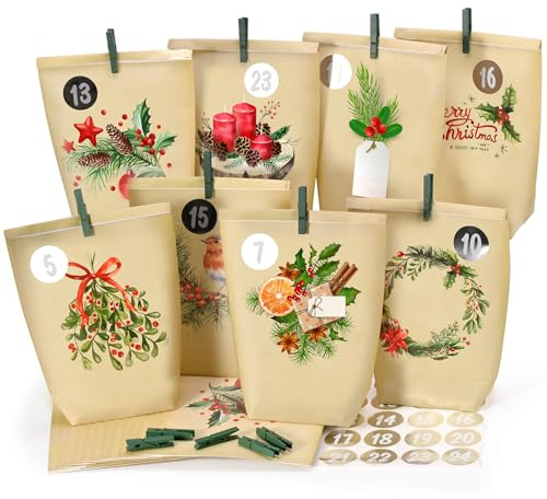 Adventskalender zum Befüllen 2025, 24 Weihnachtskalender Papiertüten zum Selbstbefüllen, Geschenk Kraftpapiertüten Advents Tüten,Wiederverwendbar