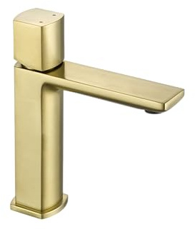 sanicomfort Waschtischarmatur BAROS Gold gebürstet – Einhebelmischer für Waschbecken inkl. Ablaufgarnitur – Badarmatur aus Messing, modernes Design, einfache Montage