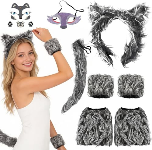 Xerteam Wolf Costume for Kids, 8 PCS Furry Animal Costume, Wolf Ears and Tail, Mask, Leg Warmers, Fingerless Gloves, Tattoo, Animal Dress Up Kids for Halloween Carnival Cosplay World Book Day